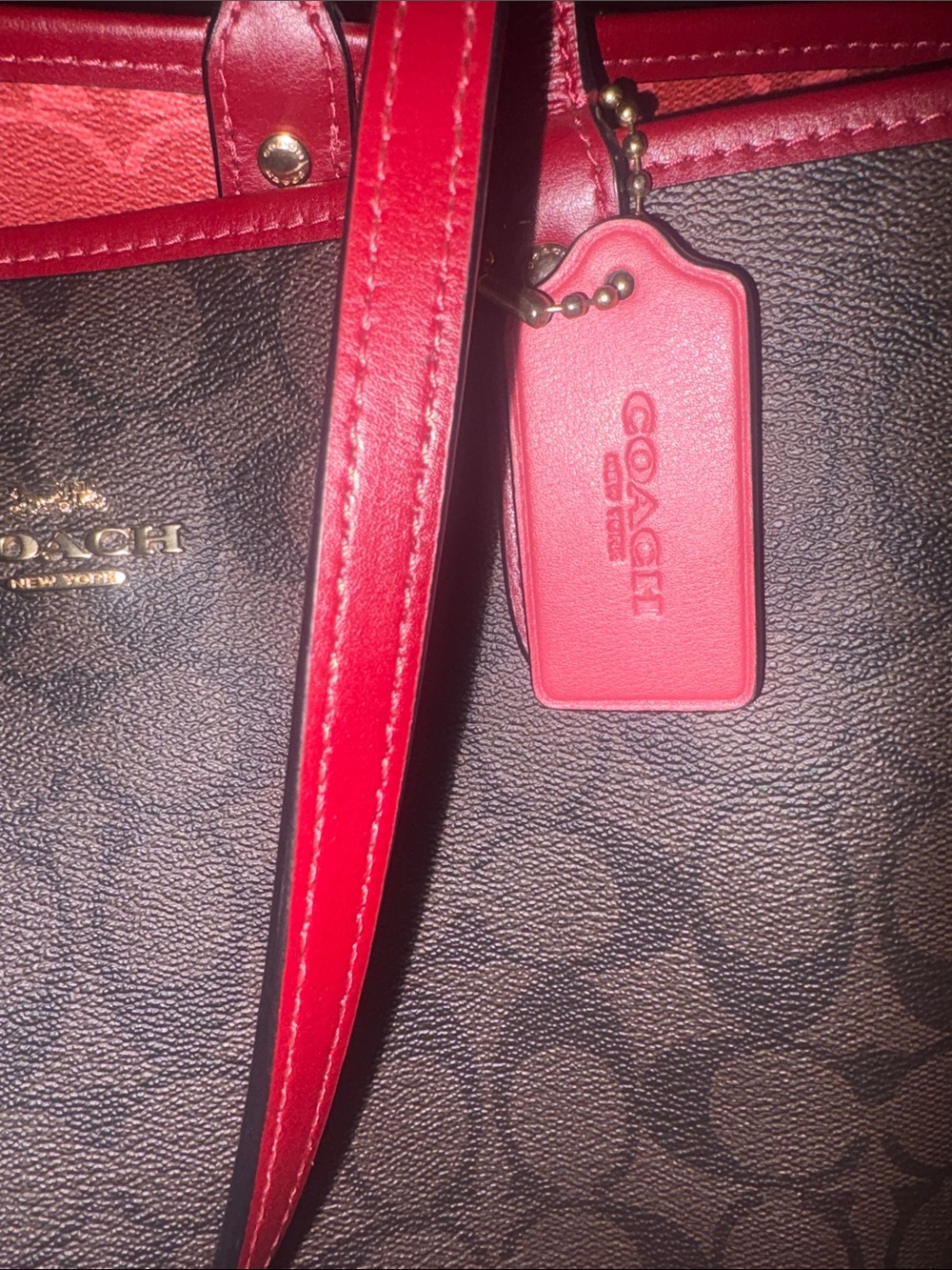 Coach Brown Signature Tote with Red Trim and Matching Red Pouches - Picture 8 of 10